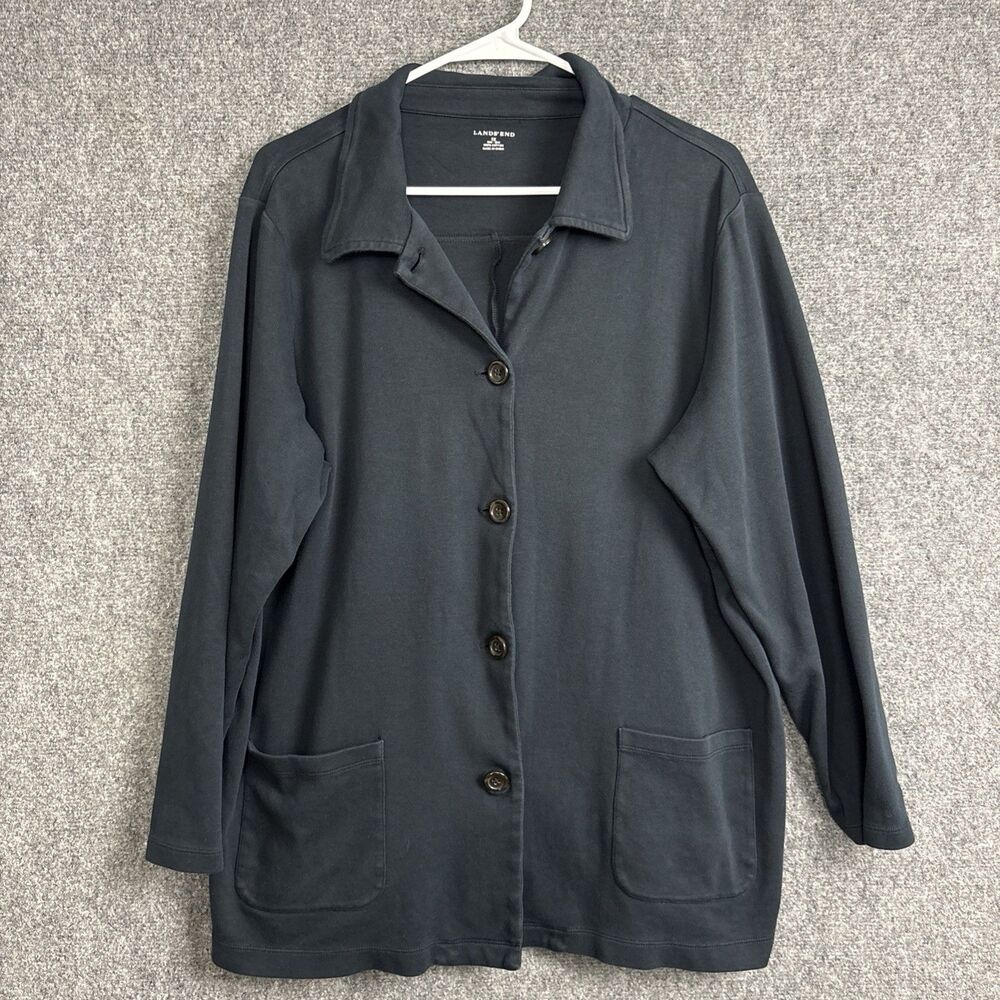 Lands End Jersey Button Jacket Womens Size 1X Blue Pockets Cotton